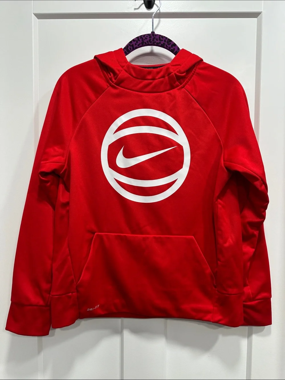 Nike Kids Red Hoodie with White Basketball Logo - Size Large